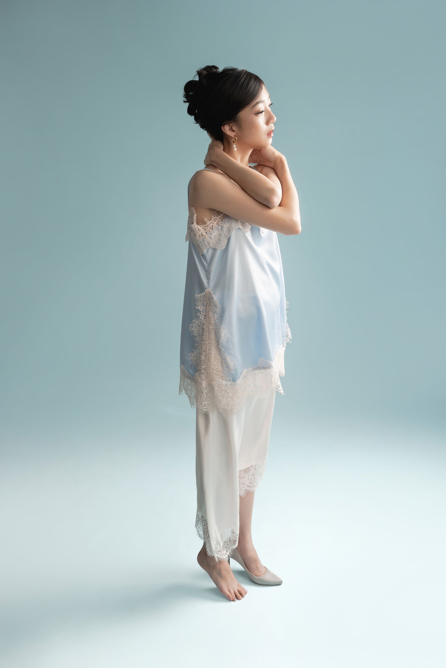 Cinderella Lacey Satin Tank In Soft Blue