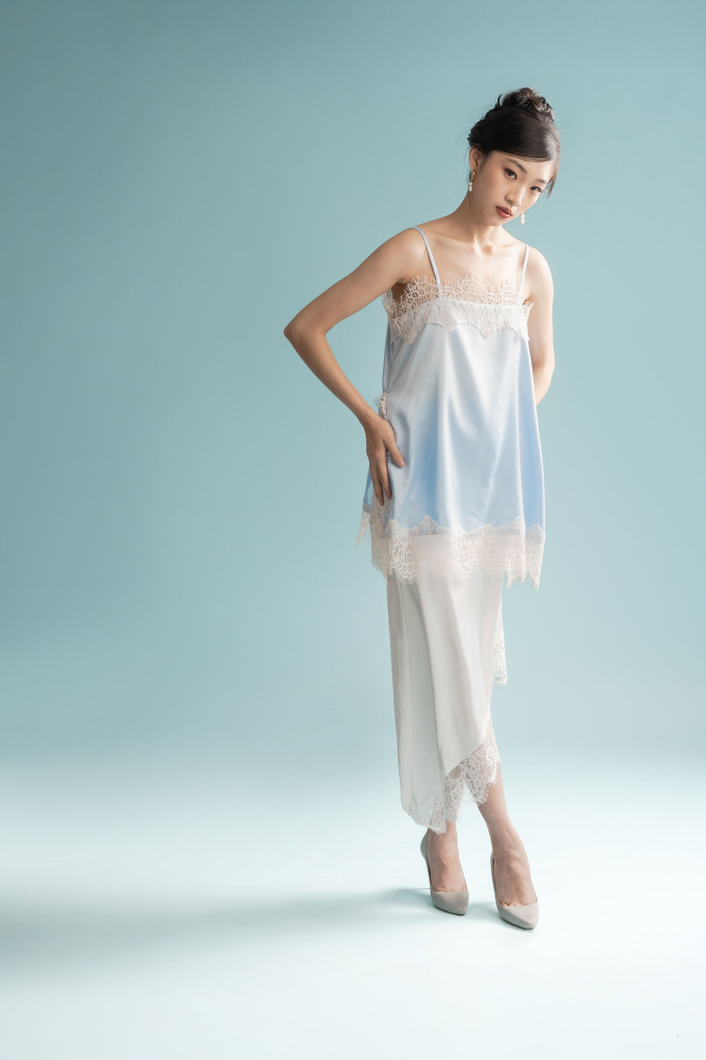 Cinderella Lacey Satin Tank In Soft Blue