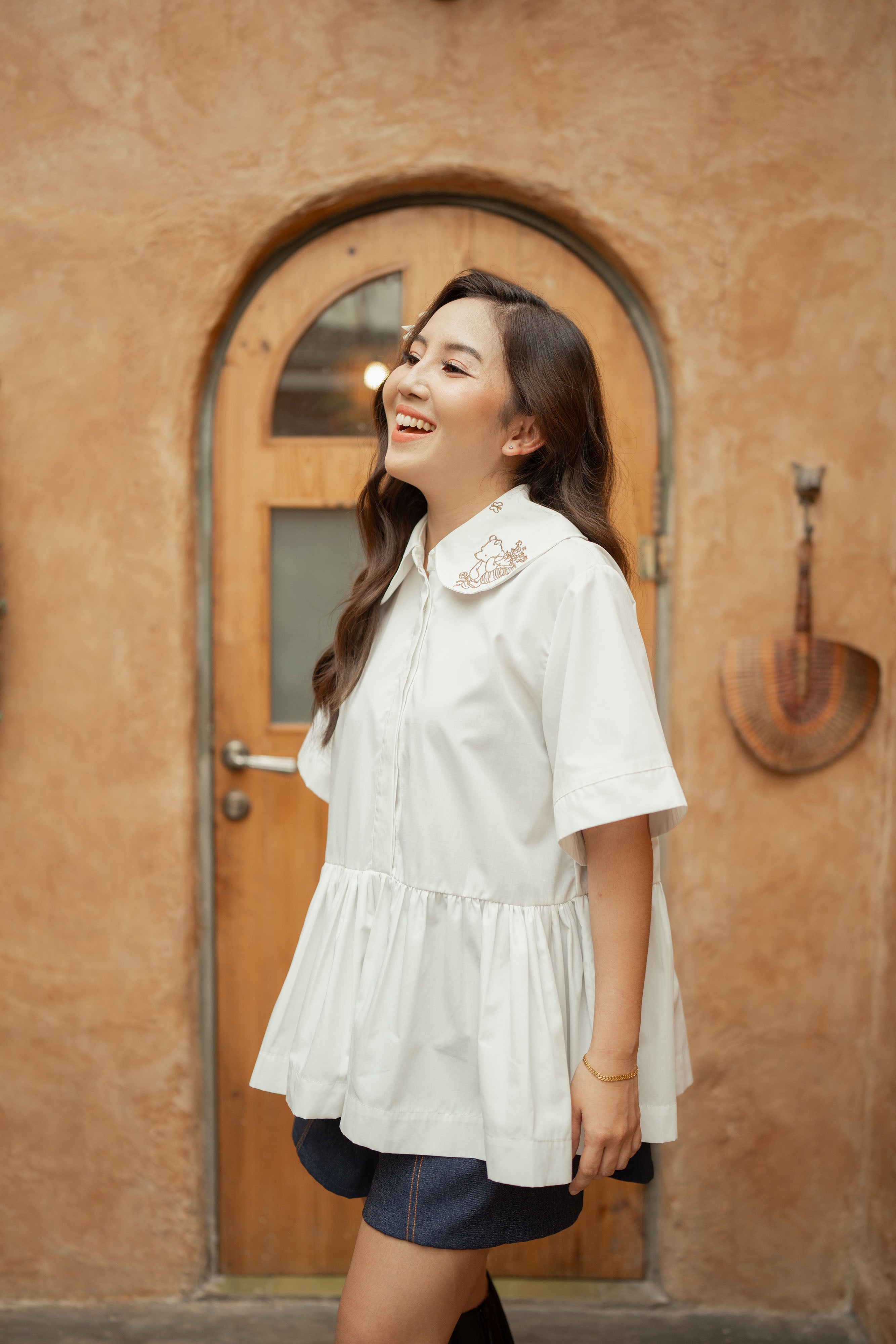 WTP Embroidery Collar Top in Buttermilk
