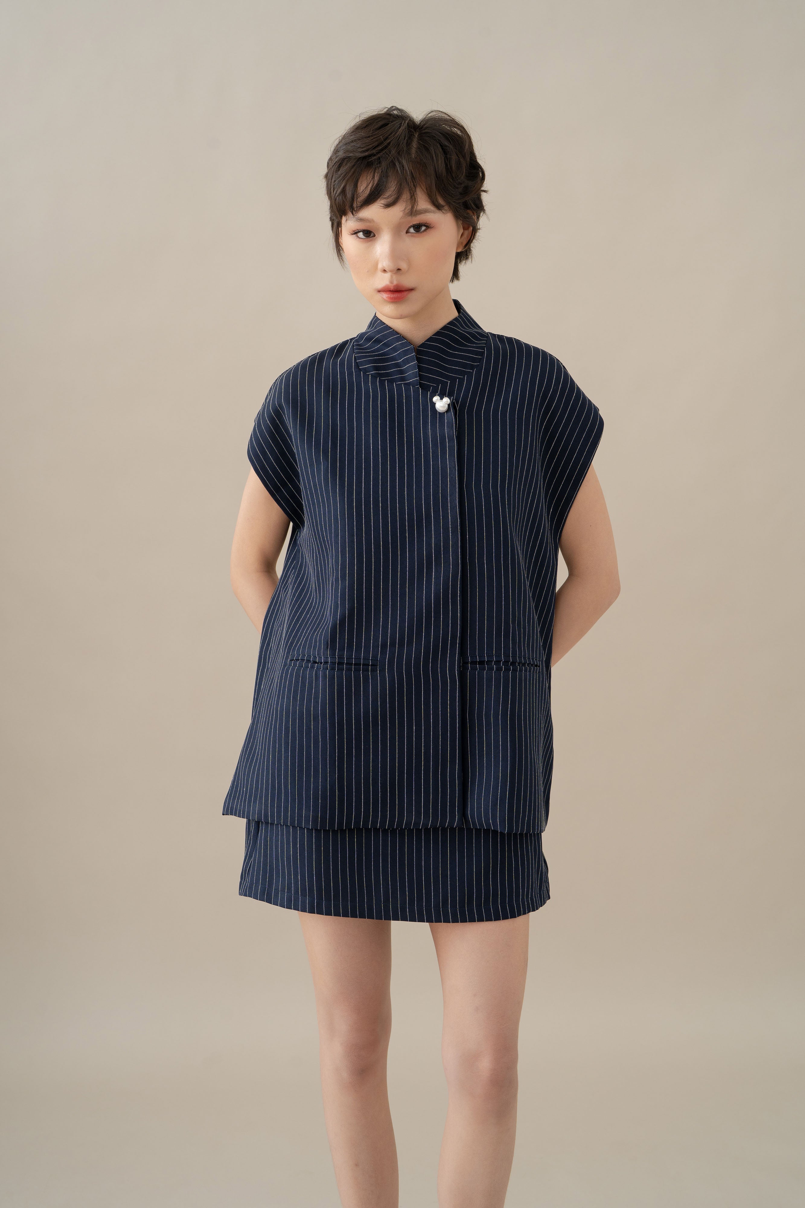 MM Button Stripe Top in Navy