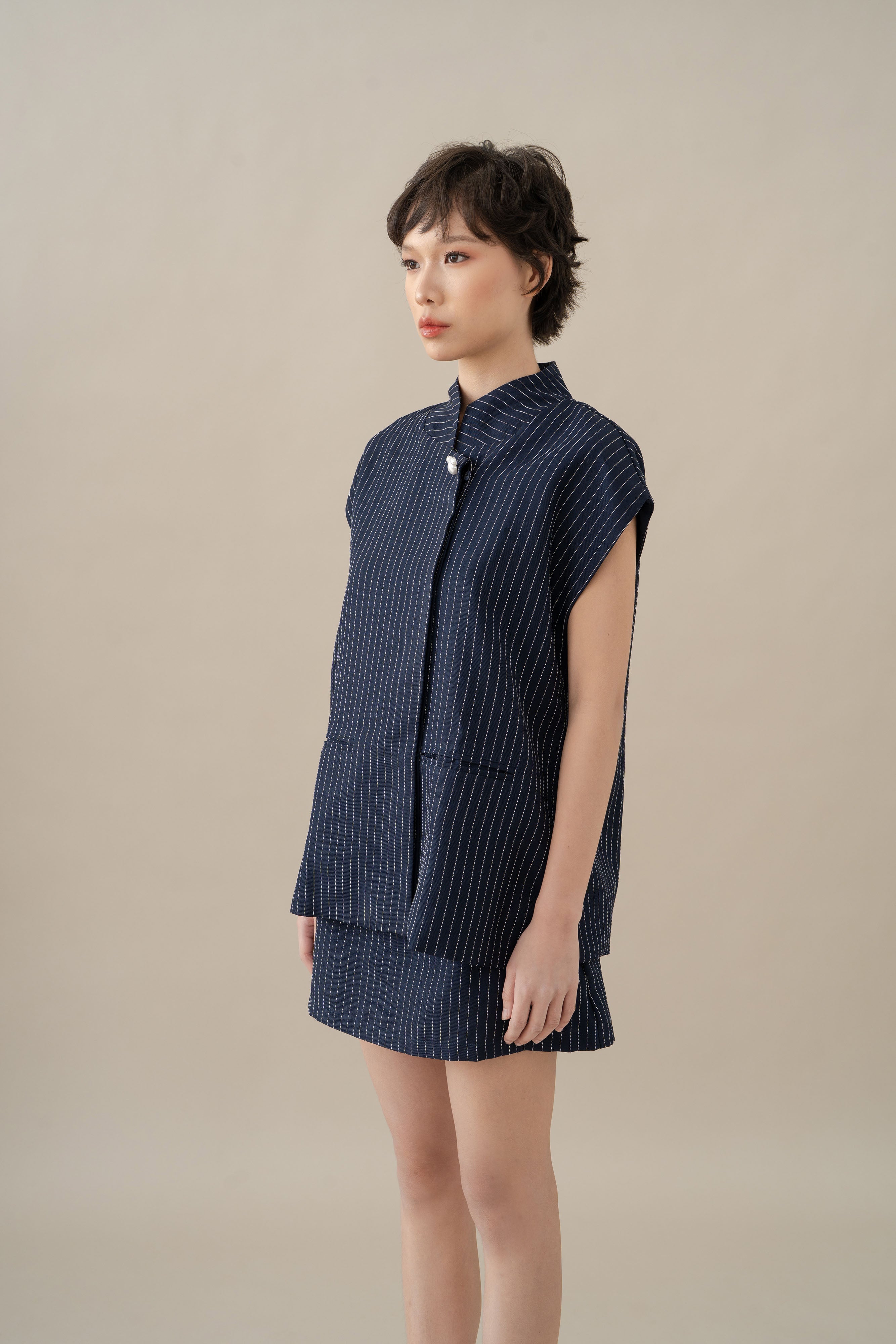 MM Button Stripe Top in Navy