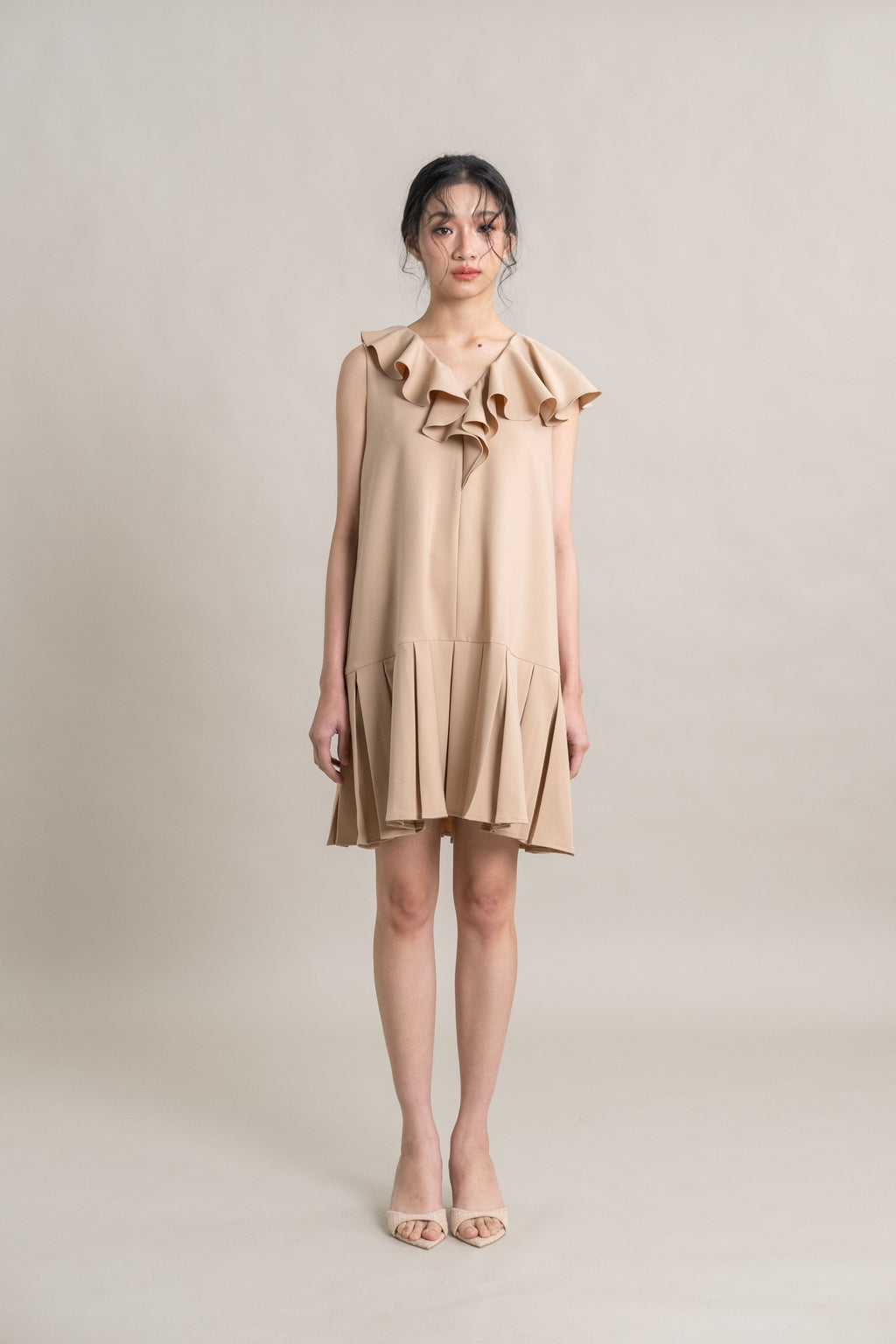 DA Asymmetrical Collar Dress in Beige