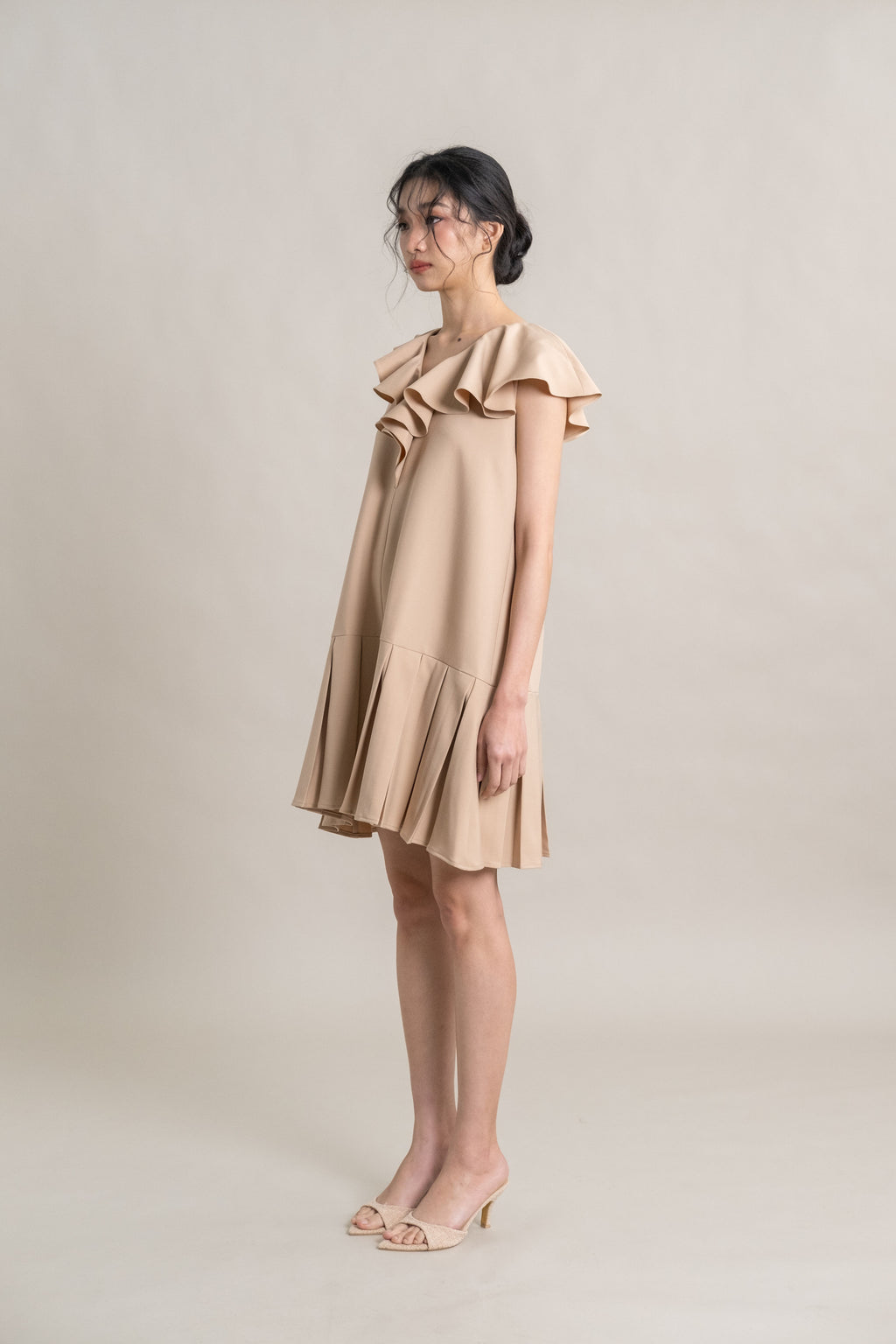 DA Asymmetrical Collar Dress in Beige