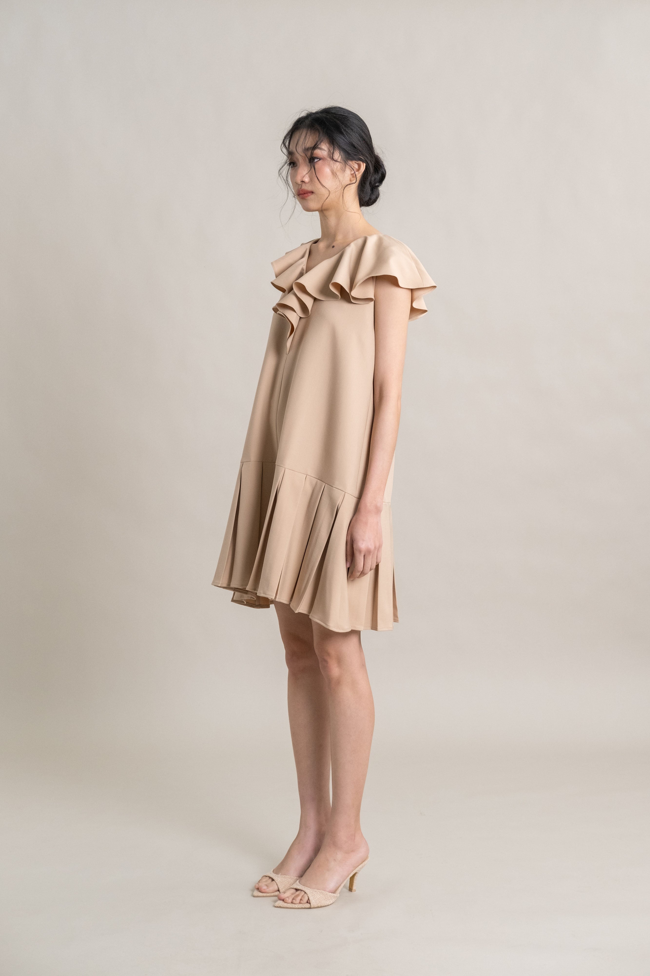 DA Asymmetrical Collar Dress in Beige