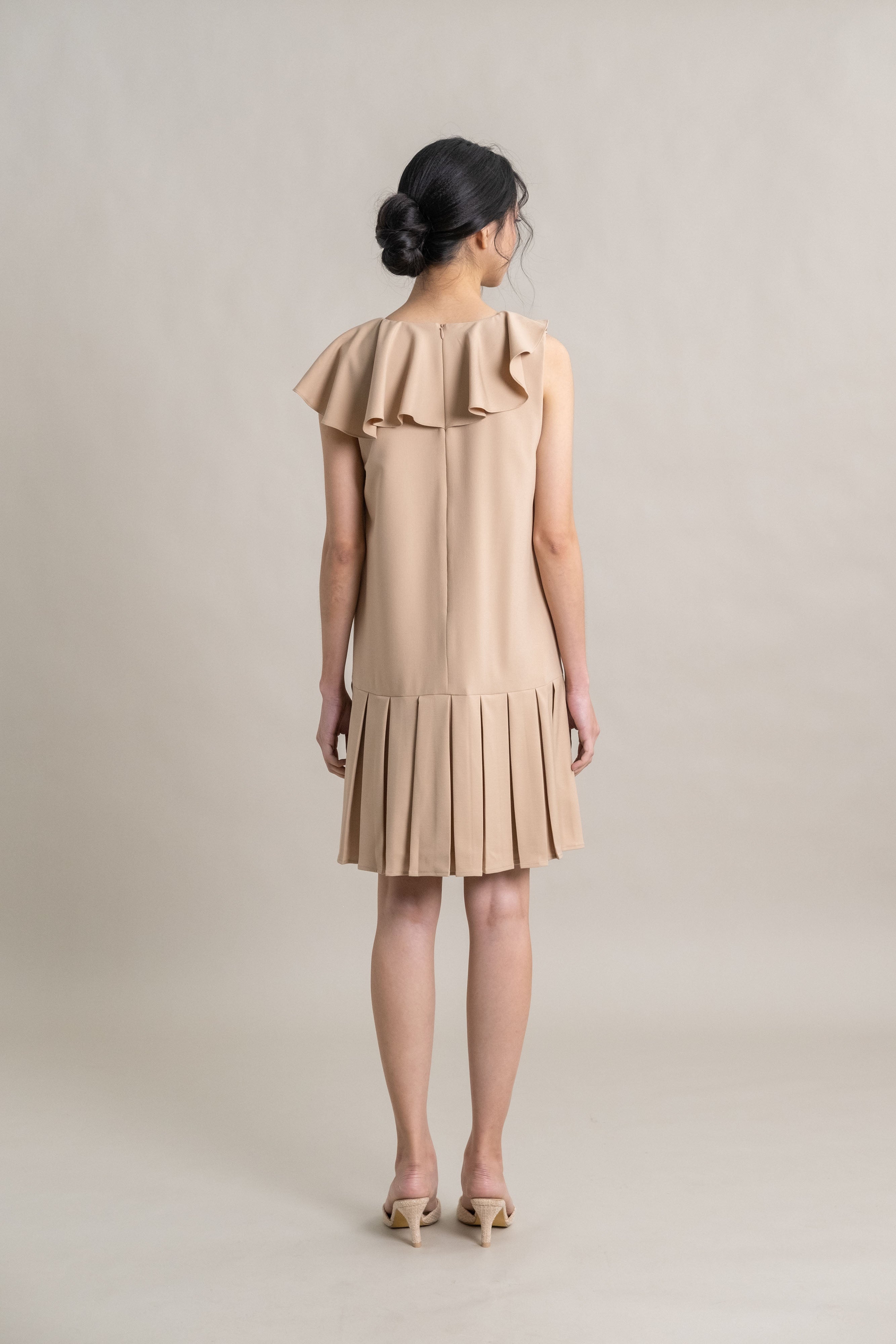 DA Asymmetrical Collar Dress in Beige