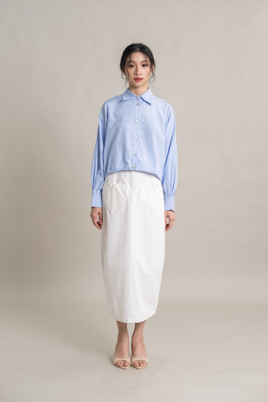 DA Stripe Heart Button Shirt in Baby Blue