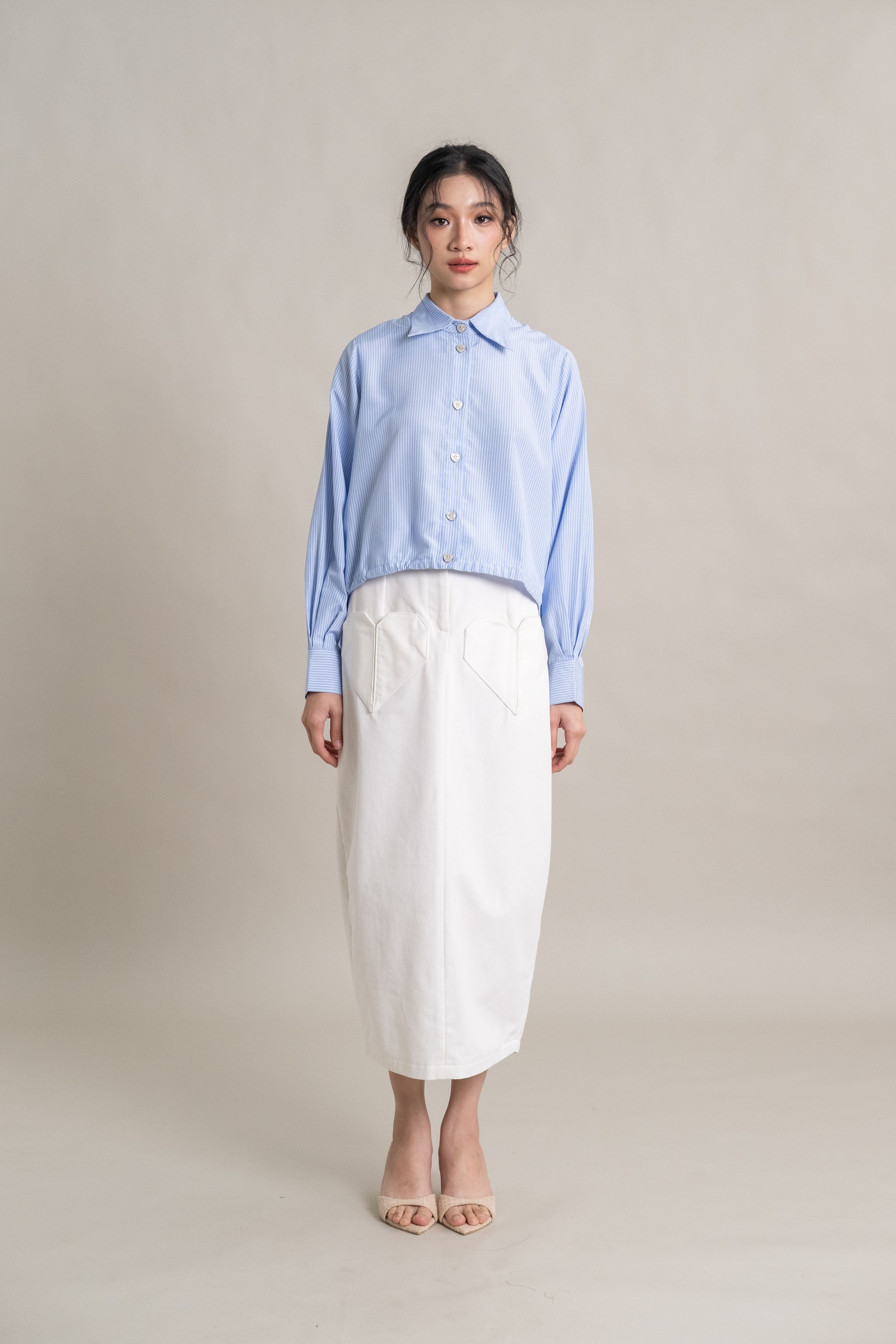 DA Stripe Heart Button Shirt in Baby Blue