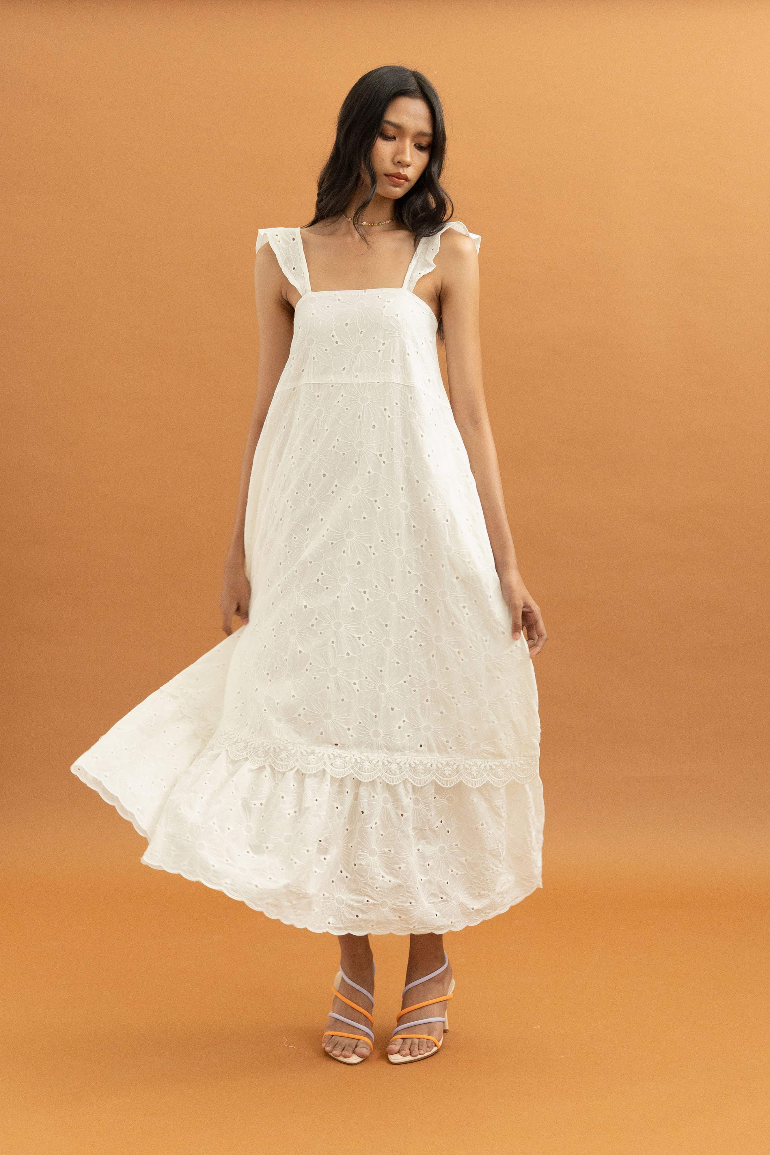 TM Embroidery Bloom Long Dress in Buttermilk