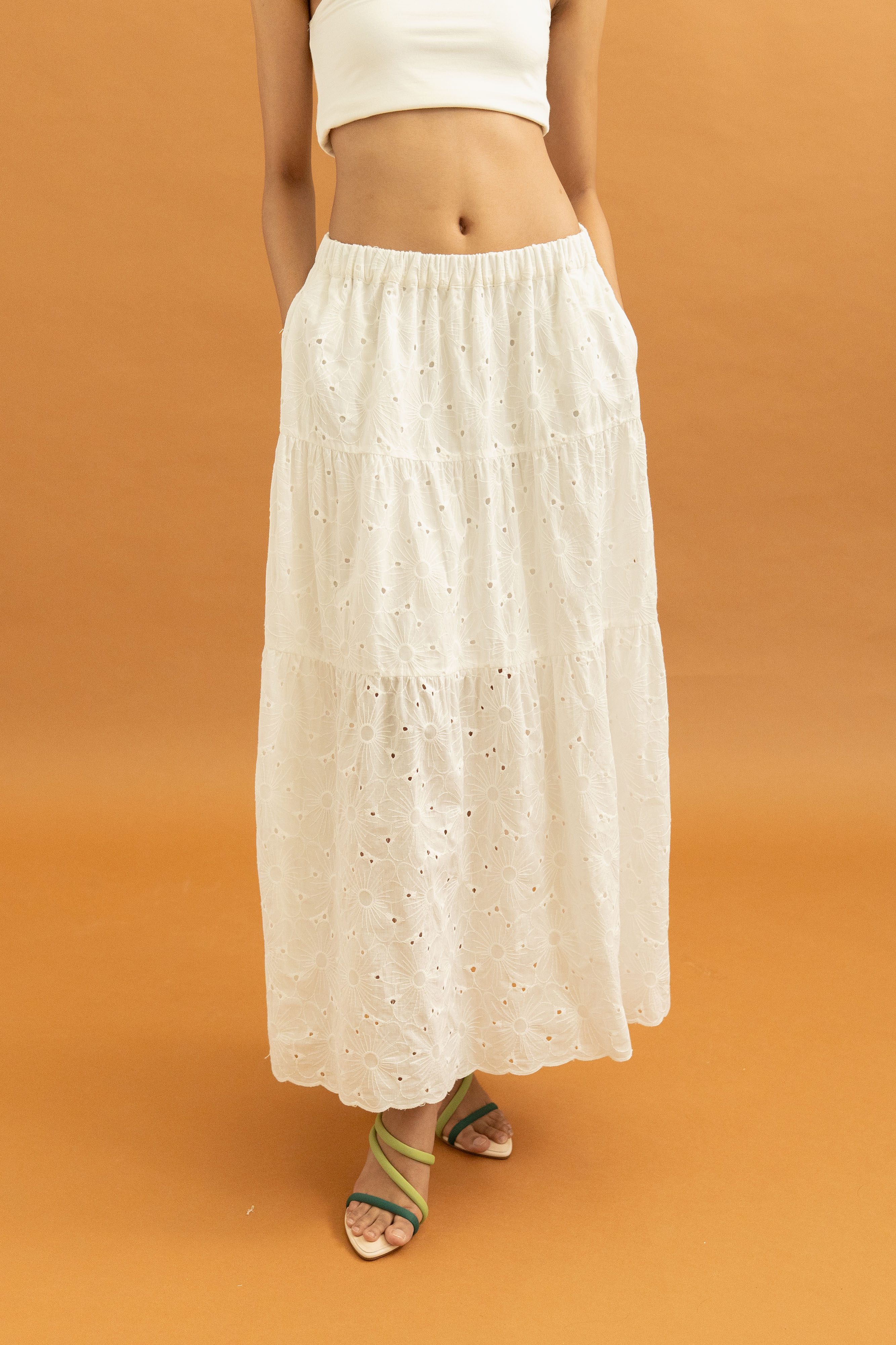 TM Embroidery Bloom Maxi Skirt in Buttermilk