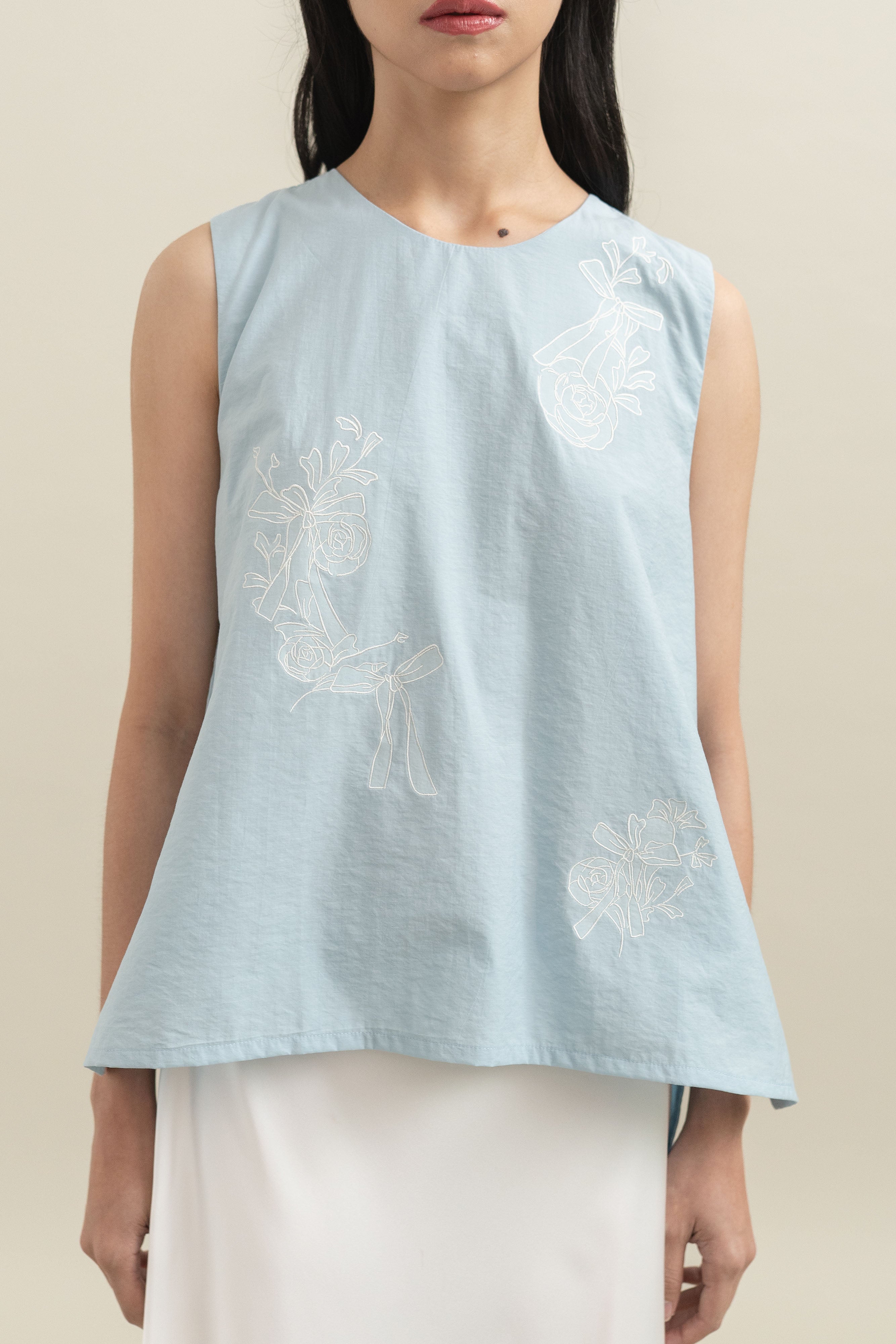 Bouquet Ribbon Embroidery Top in Baby Blue